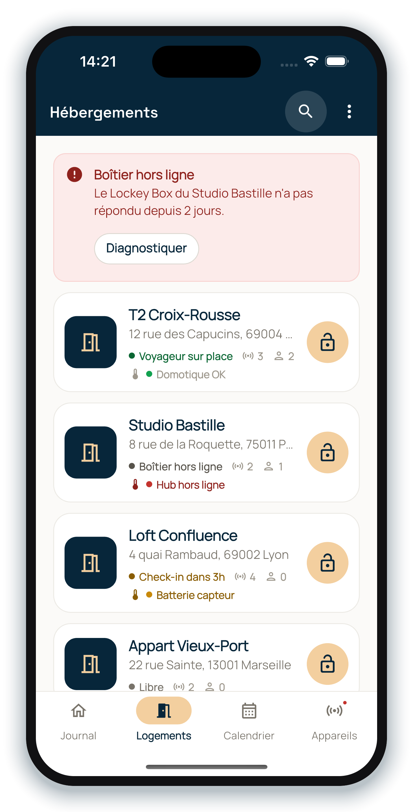 App LOCKEY YOU, liste des hébergements