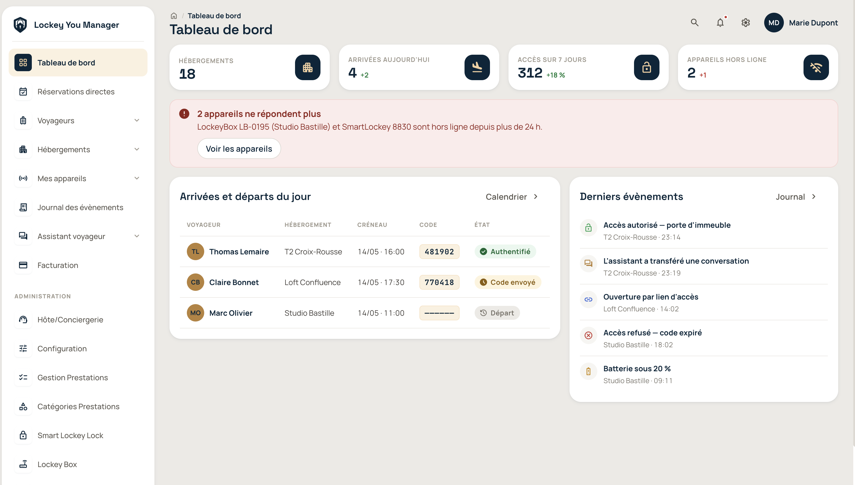 Hub Manager, tableau de bord web LOCKEY YOU