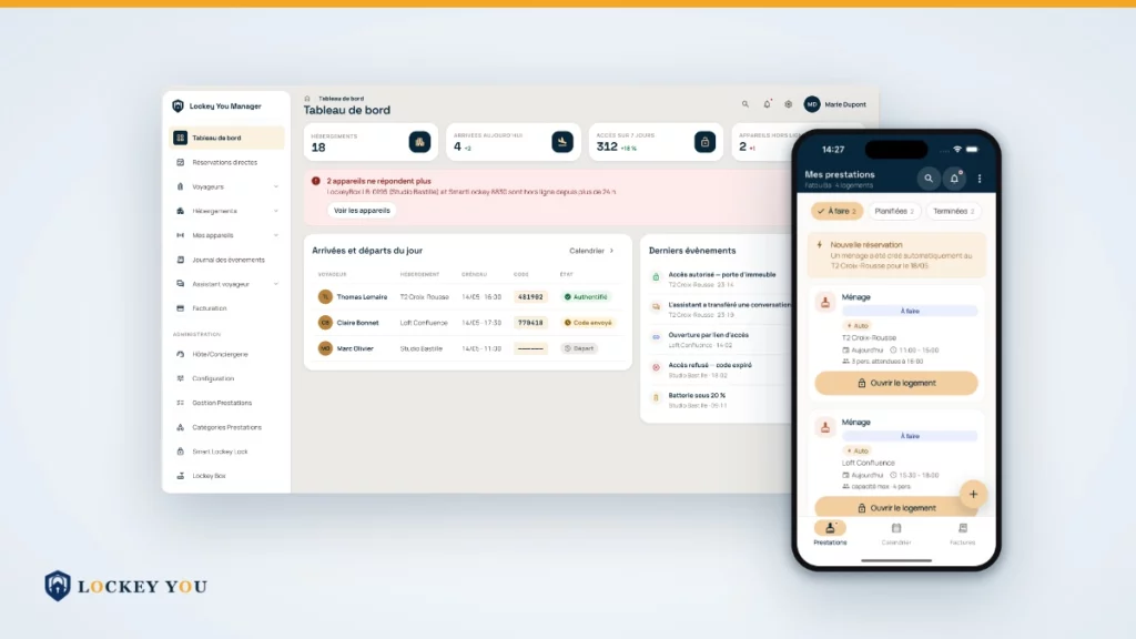 Tableau de bord Hub Manager et planning des prestations de ménage dans l'application