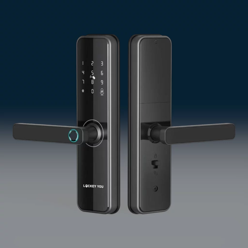Serrure à poignée connectée Smart Lockey Poignée, faces intérieure et extérieure